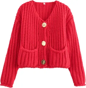 Women Chunky Knit Sweaters Cardigan Button Down Crewneck Long Sleeve Crop Crochet Sweater Coat with Pockets