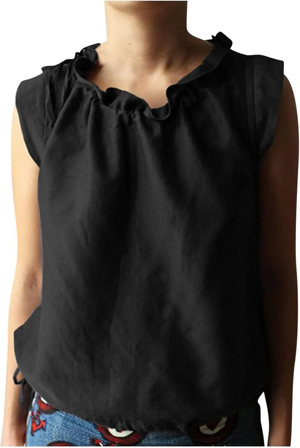 Women Cotton Linen Shirt Ruffle Crew Neck Sleeveless Tank Tops Summer Dressy Casual Loose Fit Blouse Trendy Solid Tee