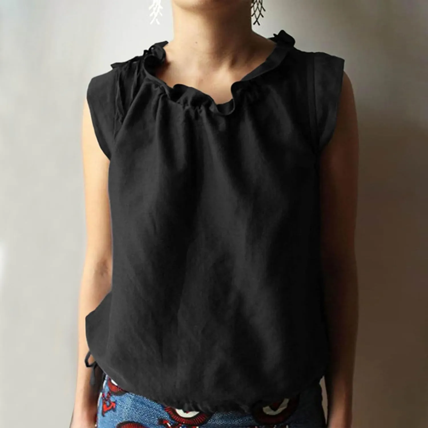 Women Cotton Linen Shirt Ruffle Crew Neck Sleeveless Tank Tops Summer Dressy Casual Loose Fit Blouse Trendy Solid Tee