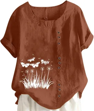 Women Cotton Linen Shirts 2025 Summer Casual Short Sleeve Graphic Tshirts Plus Size Crewneck Tops