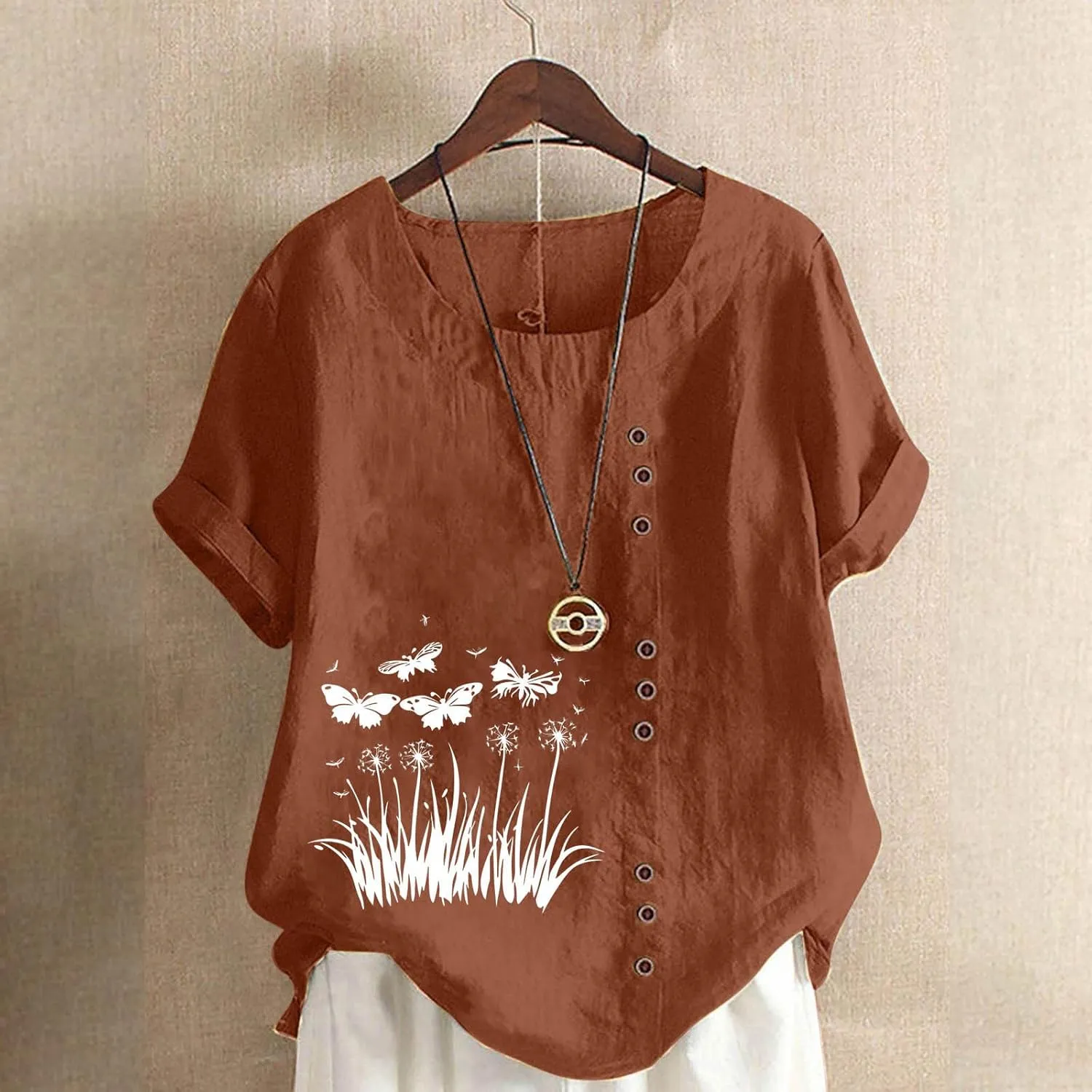 Women Cotton Linen Shirts 2025 Summer Casual Short Sleeve Graphic Tshirts Plus Size Crewneck Tops
