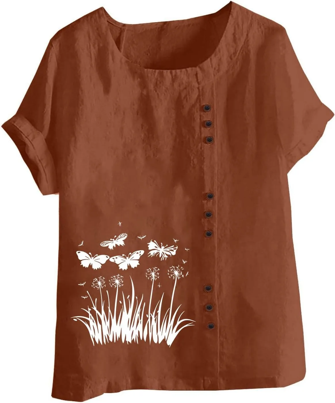 Women Cotton Linen Shirts 2025 Summer Casual Short Sleeve Graphic Tshirts Plus Size Crewneck Tops