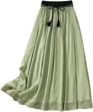Women Cotton Linen Skirts Summer High Waist A Line Flowy Midi Beach Holiday Casual Skirts