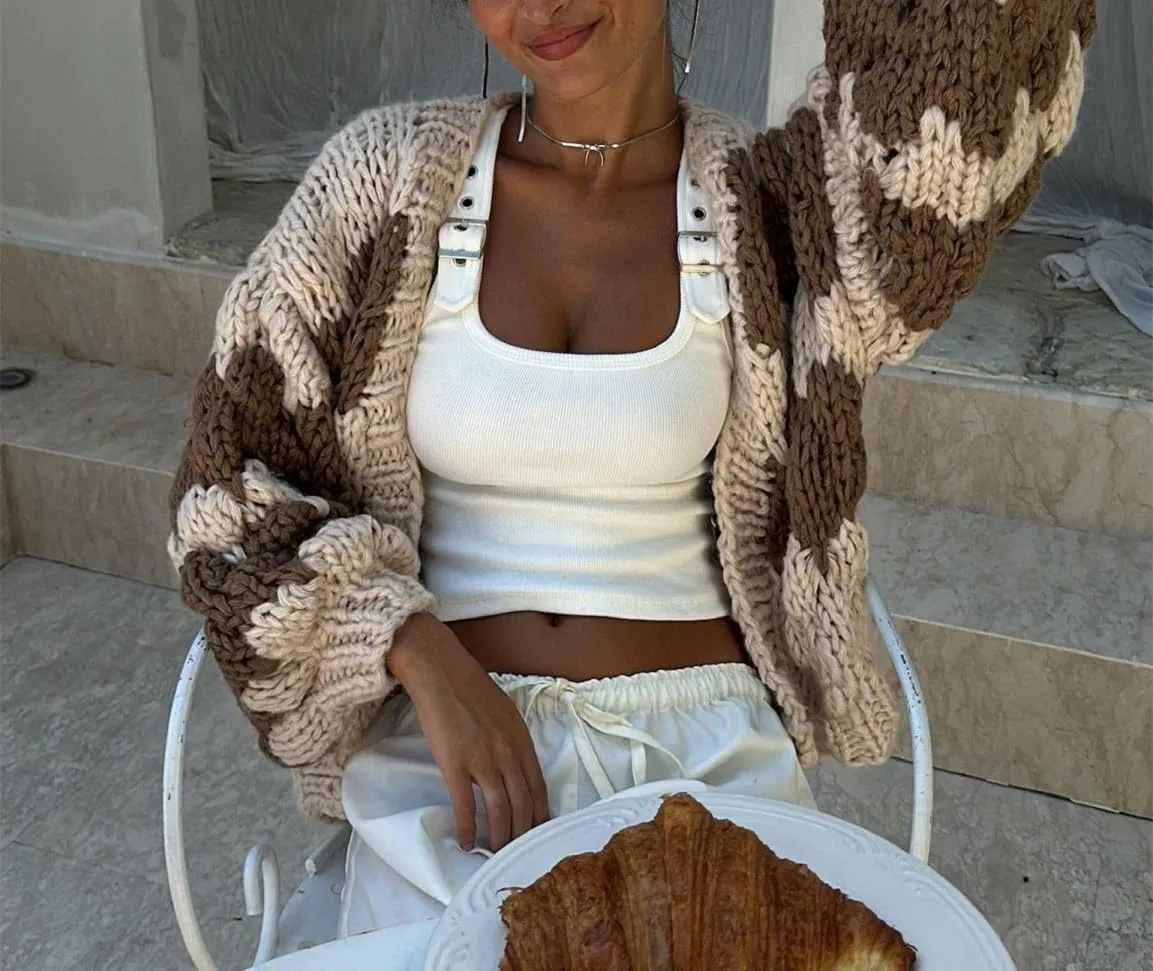 Women Cropped Cardigan Open Front Long Lantern Sleeve Color Block Chunky Cable Knit Striped Sweater Shrug Coat