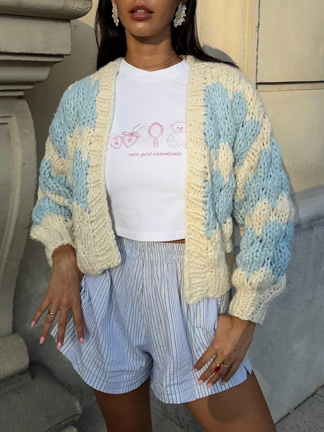 Women Cropped Cardigan Open Front Long Lantern Sleeve Color Block Chunky Cable Knit Striped Sweater Shrug Coat