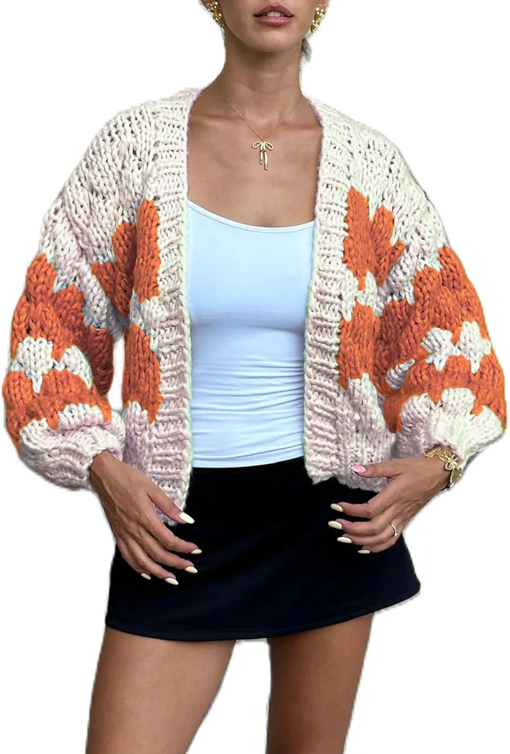 Women Cropped Cardigan Open Front Long Lantern Sleeve Color Block Chunky Cable Knit Striped Sweater Shrug Coat