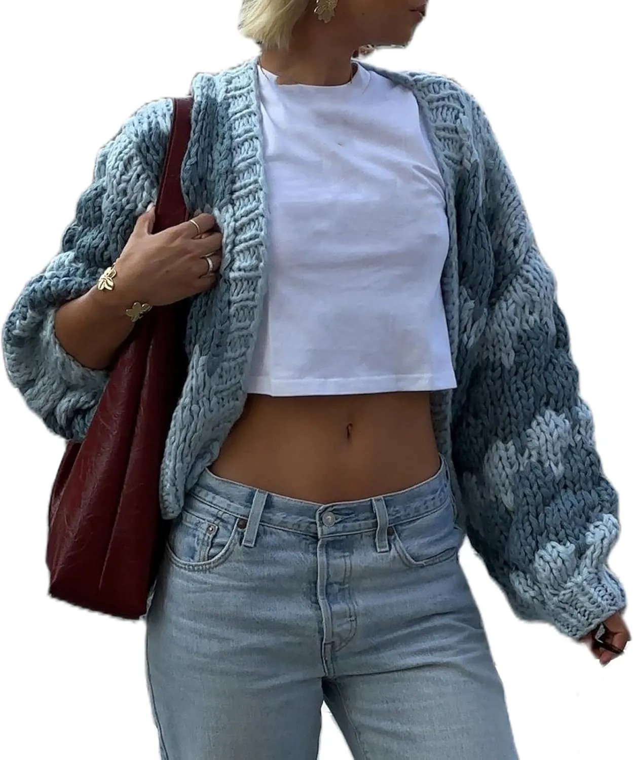 Women Cropped Cardigan Open Front Long Lantern Sleeve Color Block Chunky Cable Knit Striped Sweater Shrug Coat