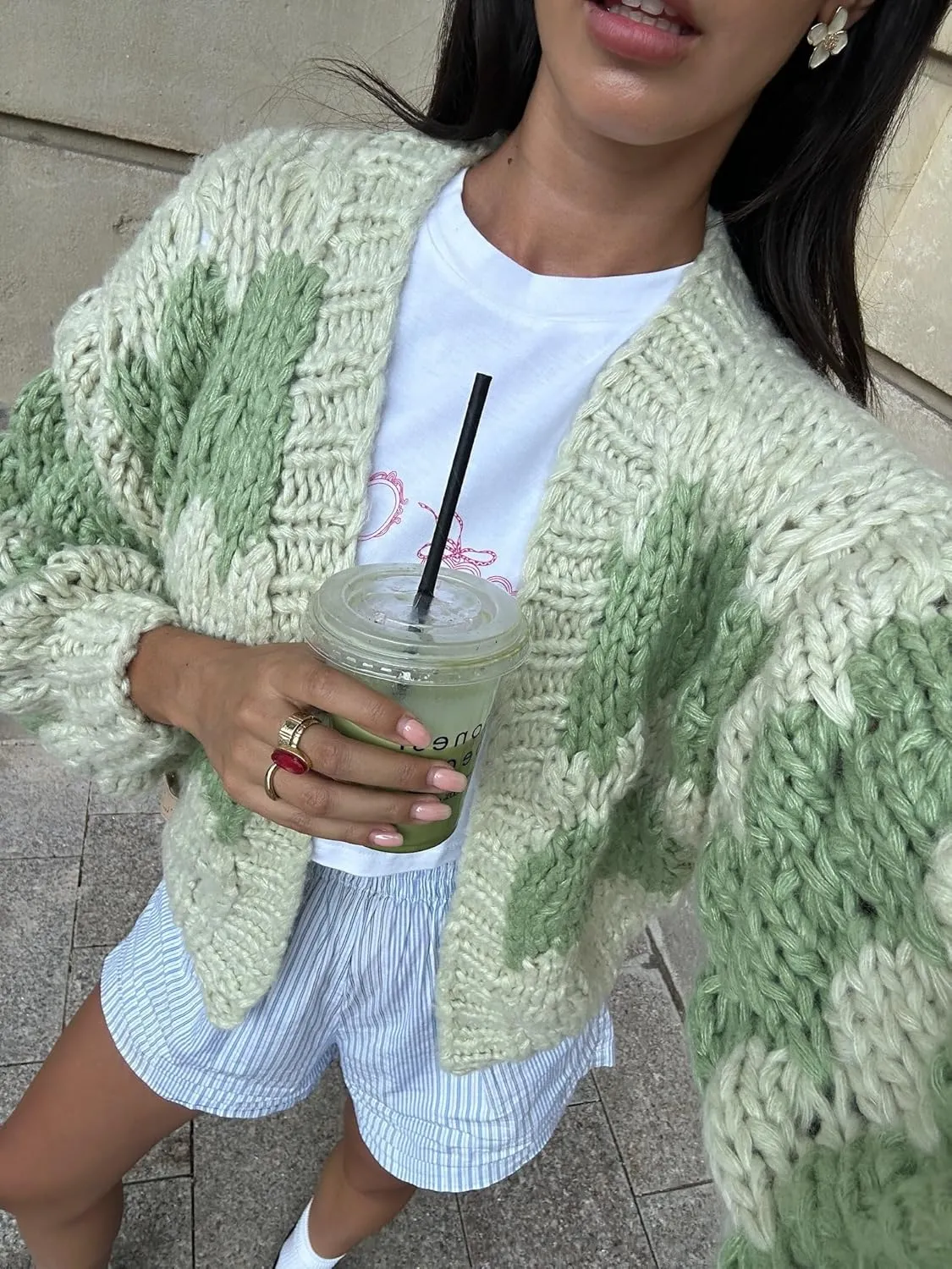 Women Cropped Cardigan Open Front Long Lantern Sleeve Color Block Chunky Cable Knit Striped Sweater Shrug Coat