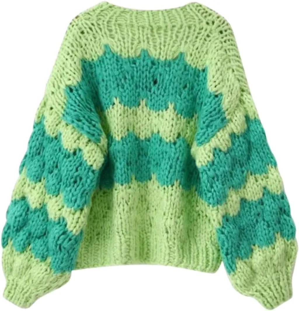 Women Cropped Cardigan Open Front Long Lantern Sleeve Color Block Chunky Cable Knit Striped Sweater Shrug Coat