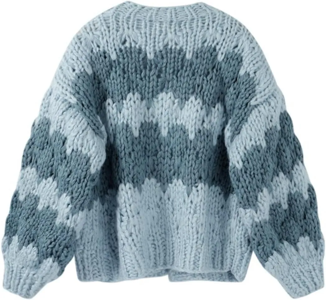 Women Cropped Cardigan Open Front Long Lantern Sleeve Color Block Chunky Cable Knit Striped Sweater Shrug Coat