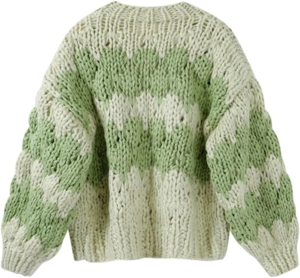 Women Cropped Cardigan Open Front Long Lantern Sleeve Color Block Chunky Cable Knit Striped Sweater Shrug Coat