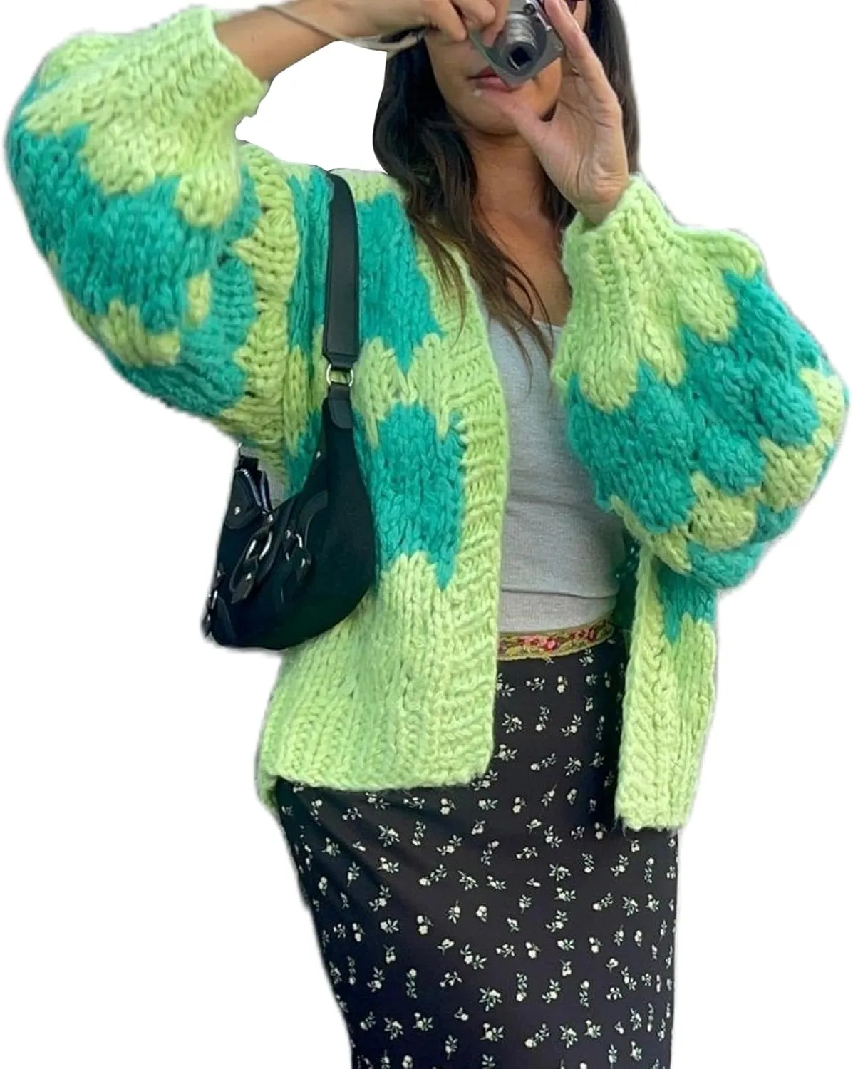Women Cropped Cardigan Open Front Long Lantern Sleeve Color Block Chunky Cable Knit Striped Sweater Shrug Coat