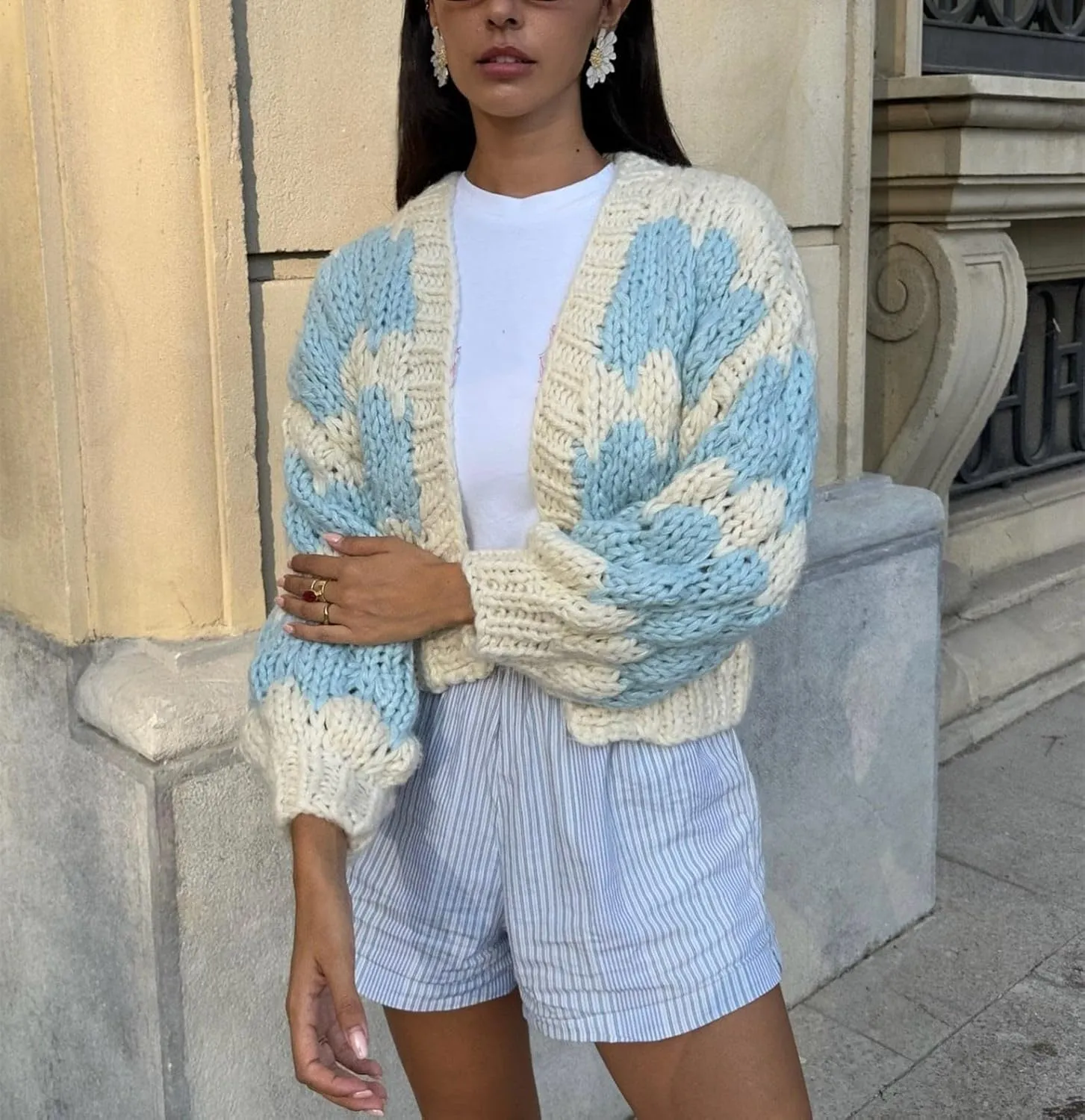 Women Cropped Cardigan Open Front Long Lantern Sleeve Color Block Chunky Cable Knit Striped Sweater Shrug Coat