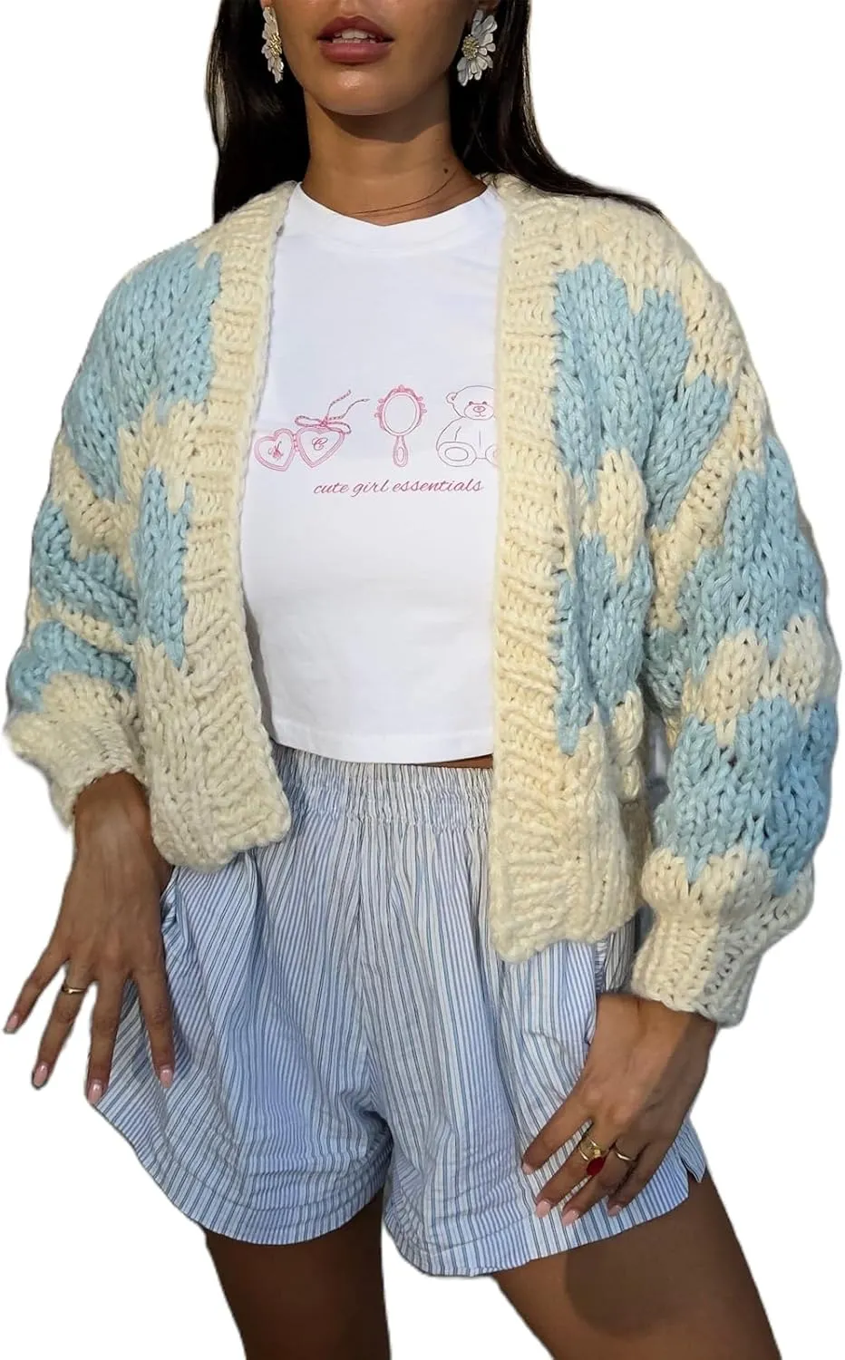 Women Cropped Cardigan Open Front Long Lantern Sleeve Color Block Chunky Cable Knit Striped Sweater Shrug Coat