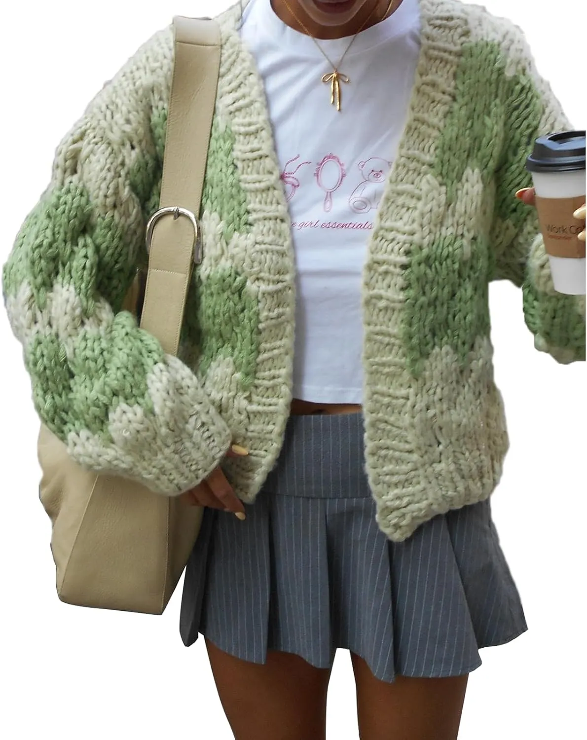 Women Cropped Cardigan Open Front Long Lantern Sleeve Color Block Chunky Cable Knit Striped Sweater Shrug Coat