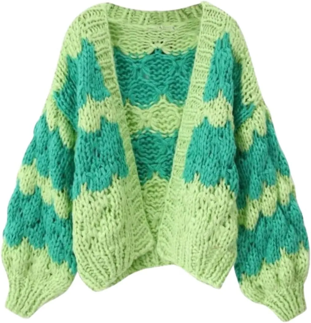 Women Cropped Cardigan Open Front Long Lantern Sleeve Color Block Chunky Cable Knit Striped Sweater Shrug Coat