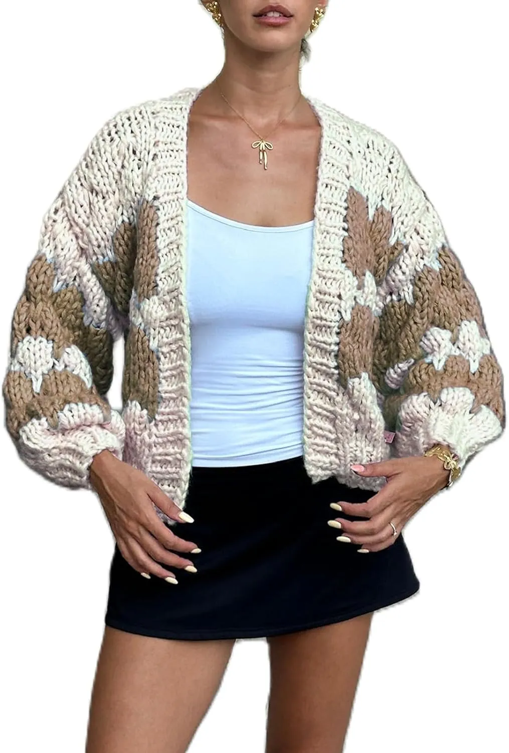 Women Cropped Cardigan Open Front Long Lantern Sleeve Color Block Chunky Cable Knit Striped Sweater Shrug Coat