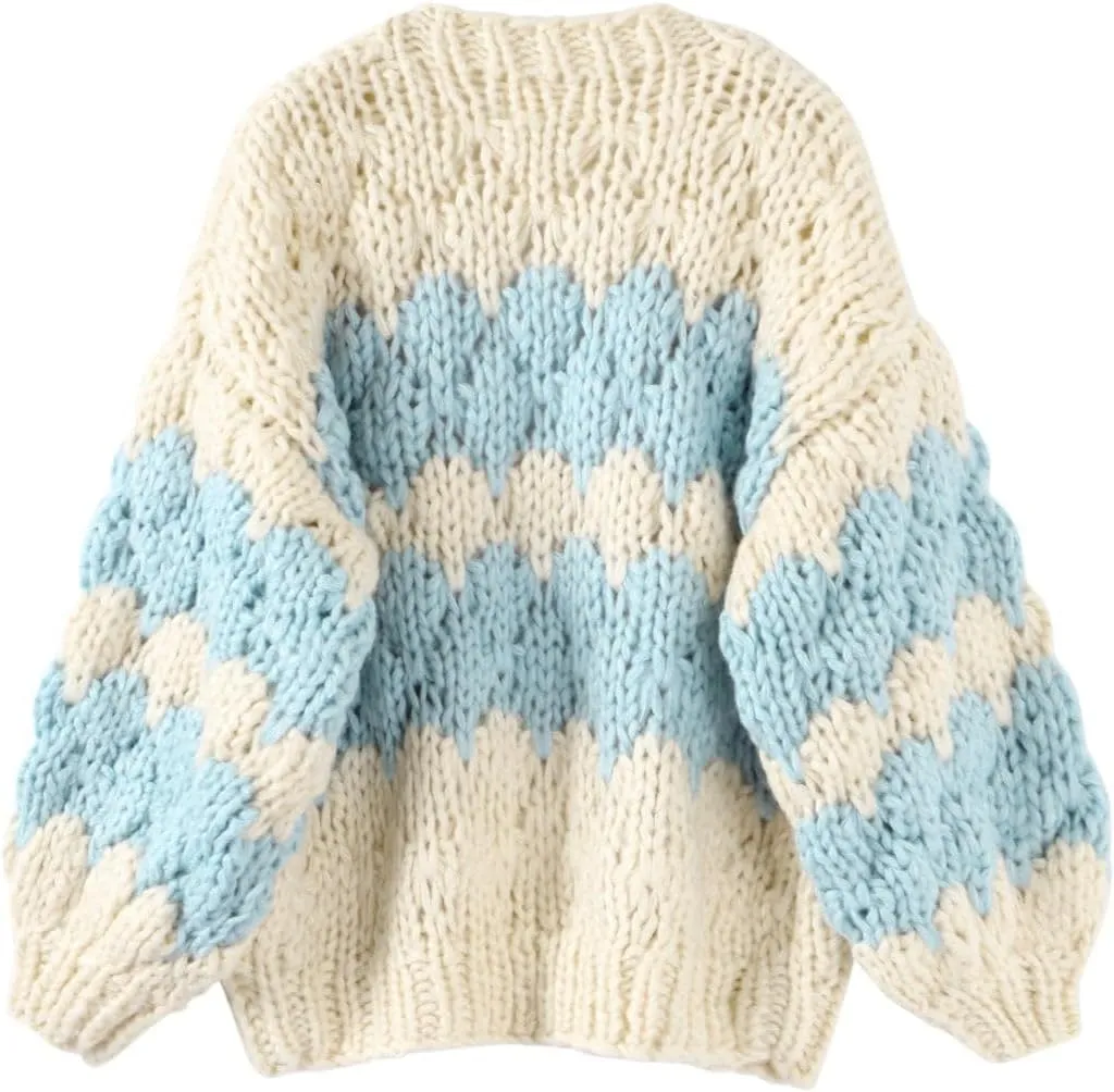 Women Cropped Cardigan Open Front Long Lantern Sleeve Color Block Chunky Cable Knit Striped Sweater Shrug Coat