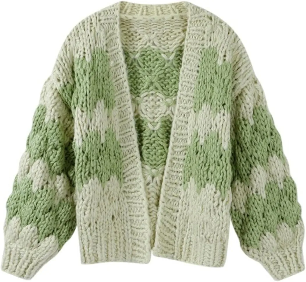 Women Cropped Cardigan Open Front Long Lantern Sleeve Color Block Chunky Cable Knit Striped Sweater Shrug Coat