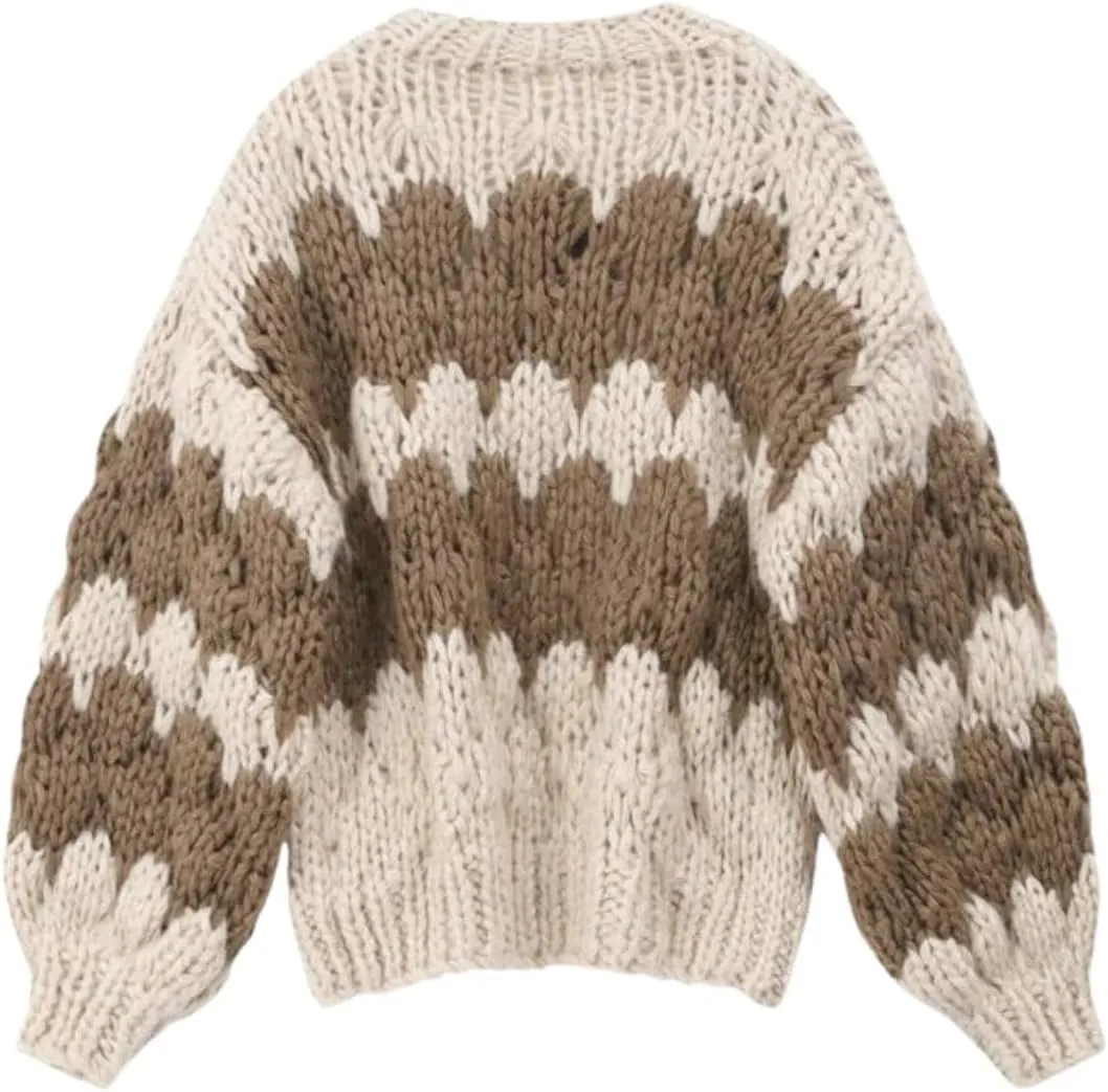 Women Cropped Cardigan Open Front Long Lantern Sleeve Color Block Chunky Cable Knit Striped Sweater Shrug Coat