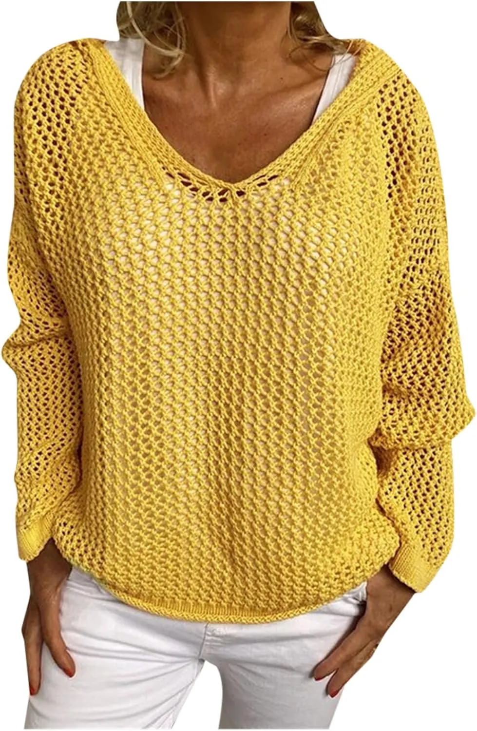 Women Cut Out Knitted V Neck Hoodies Loose Fit Crochet Hollow Out Cover Up Tops Sweater Casual Pullover Hooded Shirts