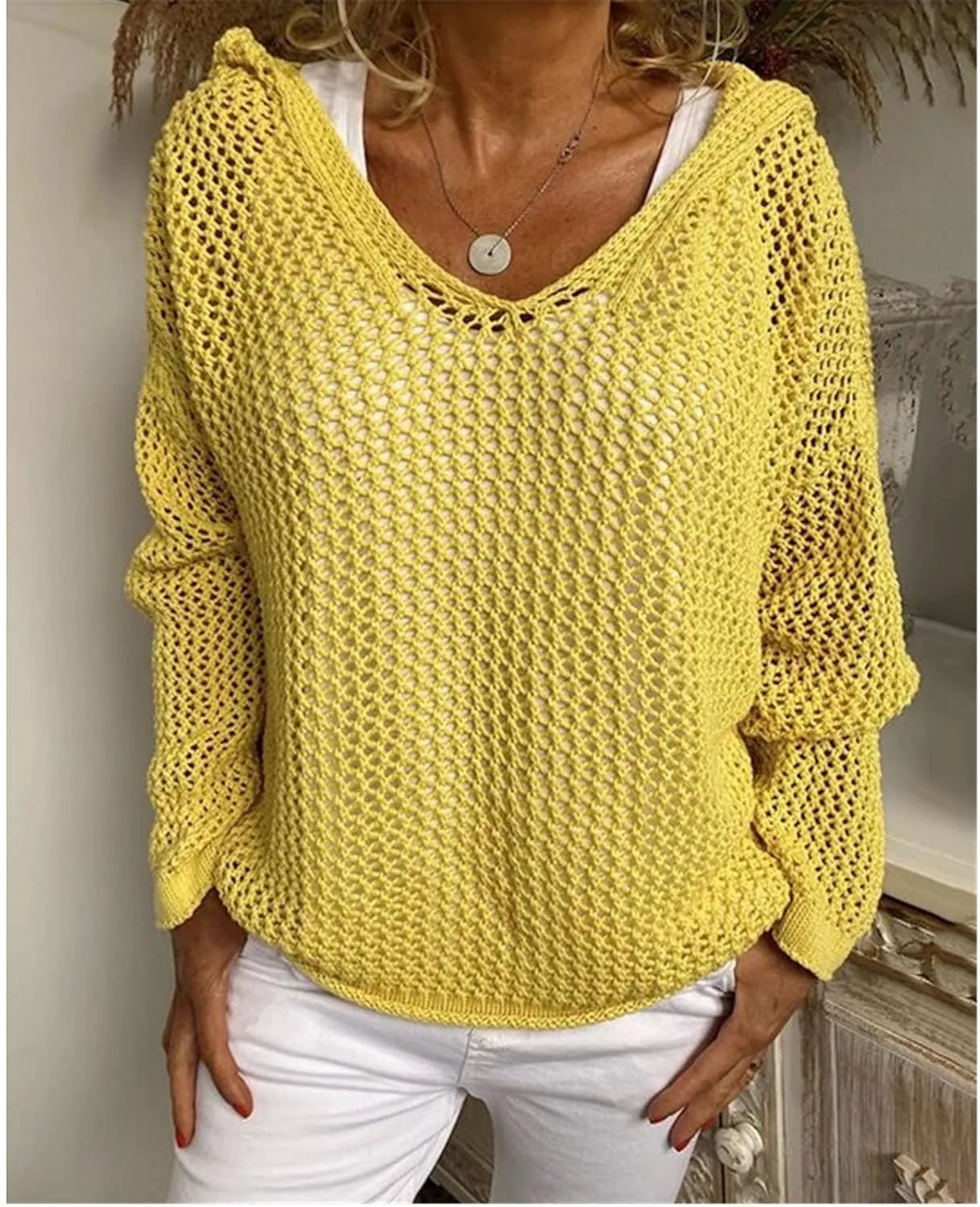 Women Cut Out Knitted V Neck Hoodies Loose Fit Crochet Hollow Out Cover Up Tops Sweater Casual Pullover Hooded Shirts