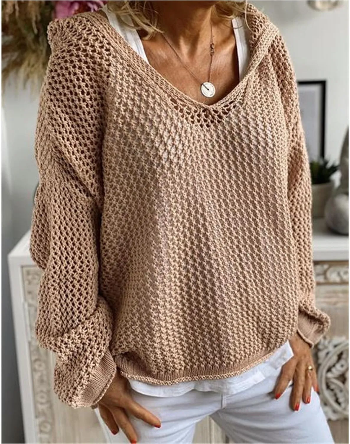 Women Cut Out Knitted V Neck Hoodies Loose Fit Crochet Hollow Out Cover Up Tops Sweater Casual Pullover Hooded Shirts