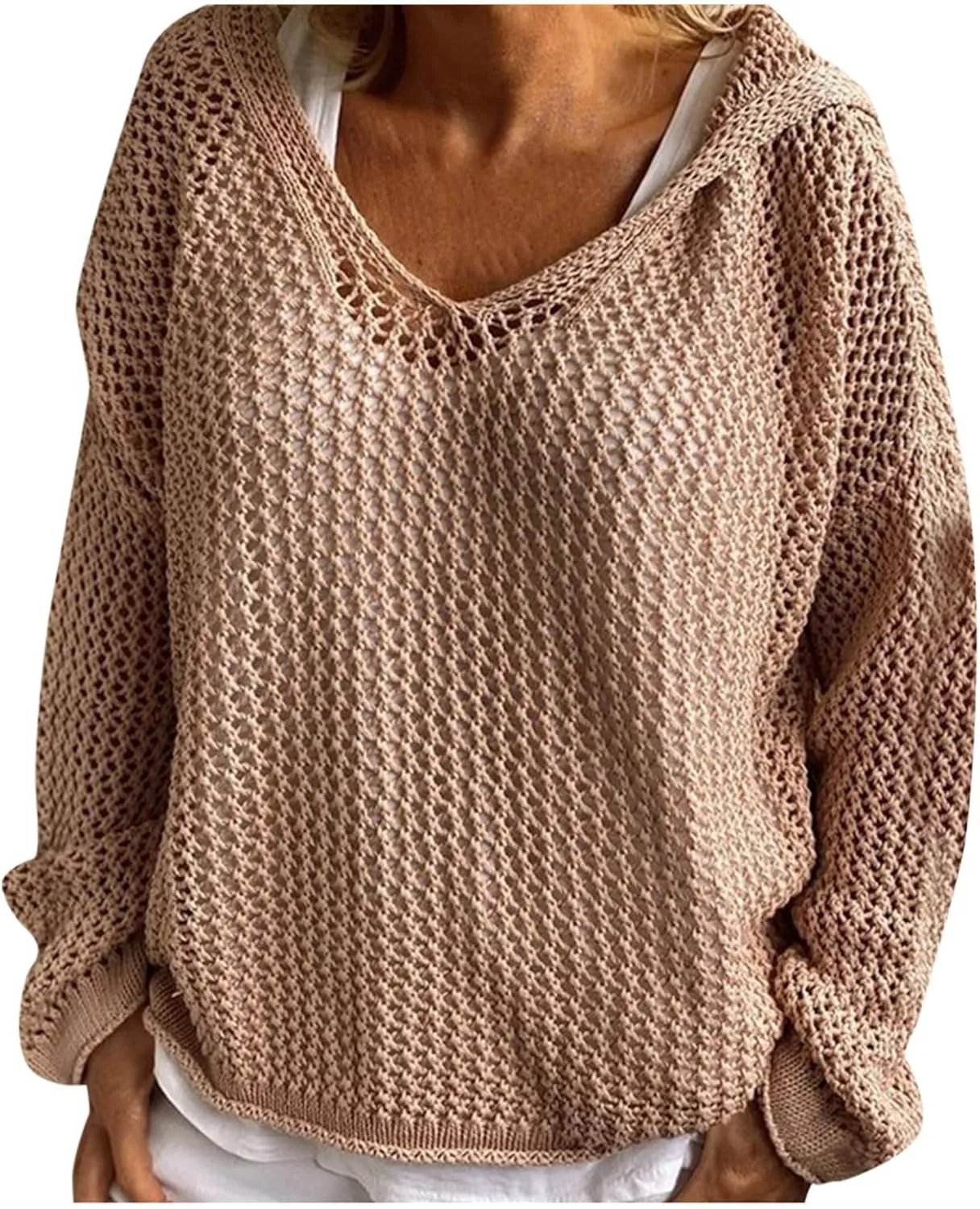 Women Cut Out Knitted V Neck Hoodies Loose Fit Crochet Hollow Out Cover Up Tops Sweater Casual Pullover Hooded Shirts