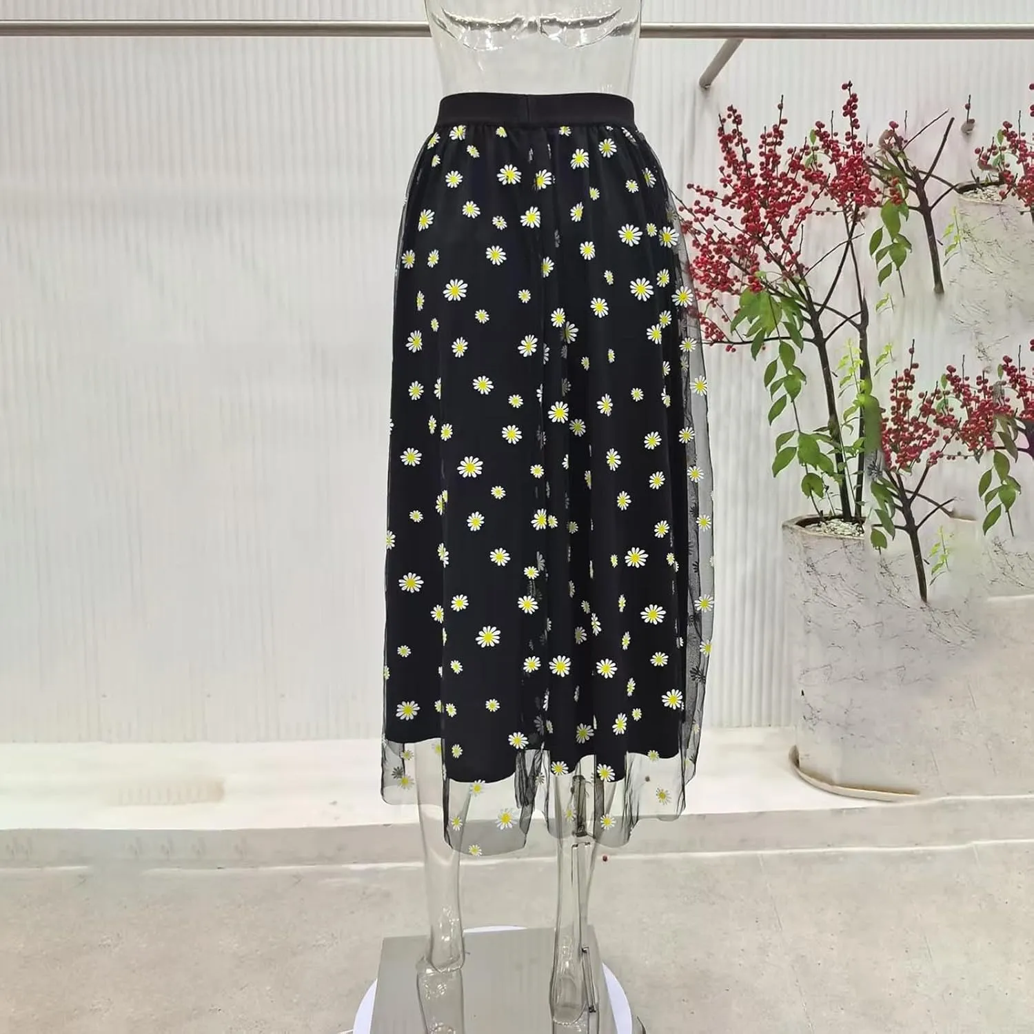 Women Daisy Embroidered Tulle Skirts Floral Mesh Casual Elastic High Waist Long Skirts Flower Swing A Line Skirt