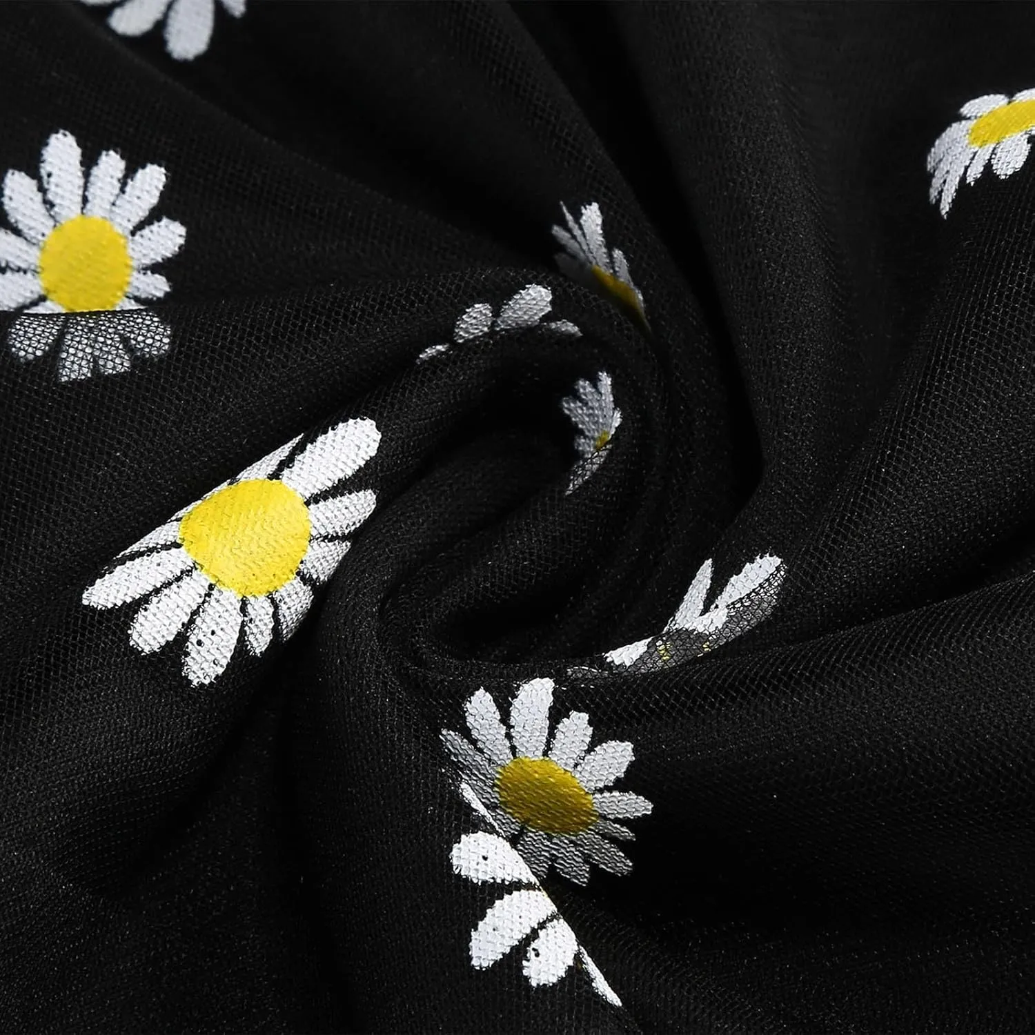 Women Daisy Embroidered Tulle Skirts Floral Mesh Casual Elastic High Waist Long Skirts Flower Swing A Line Skirt