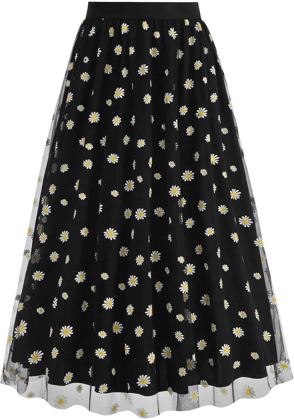 Women Daisy Embroidered Tulle Skirts Floral Mesh Casual Elastic High Waist Long Skirts Flower Swing A Line Skirt