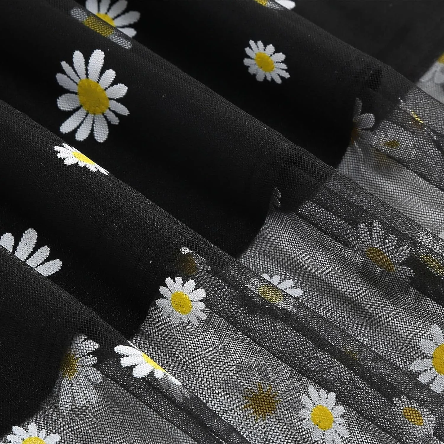 Women Daisy Embroidered Tulle Skirts Floral Mesh Casual Elastic High Waist Long Skirts Flower Swing A Line Skirt