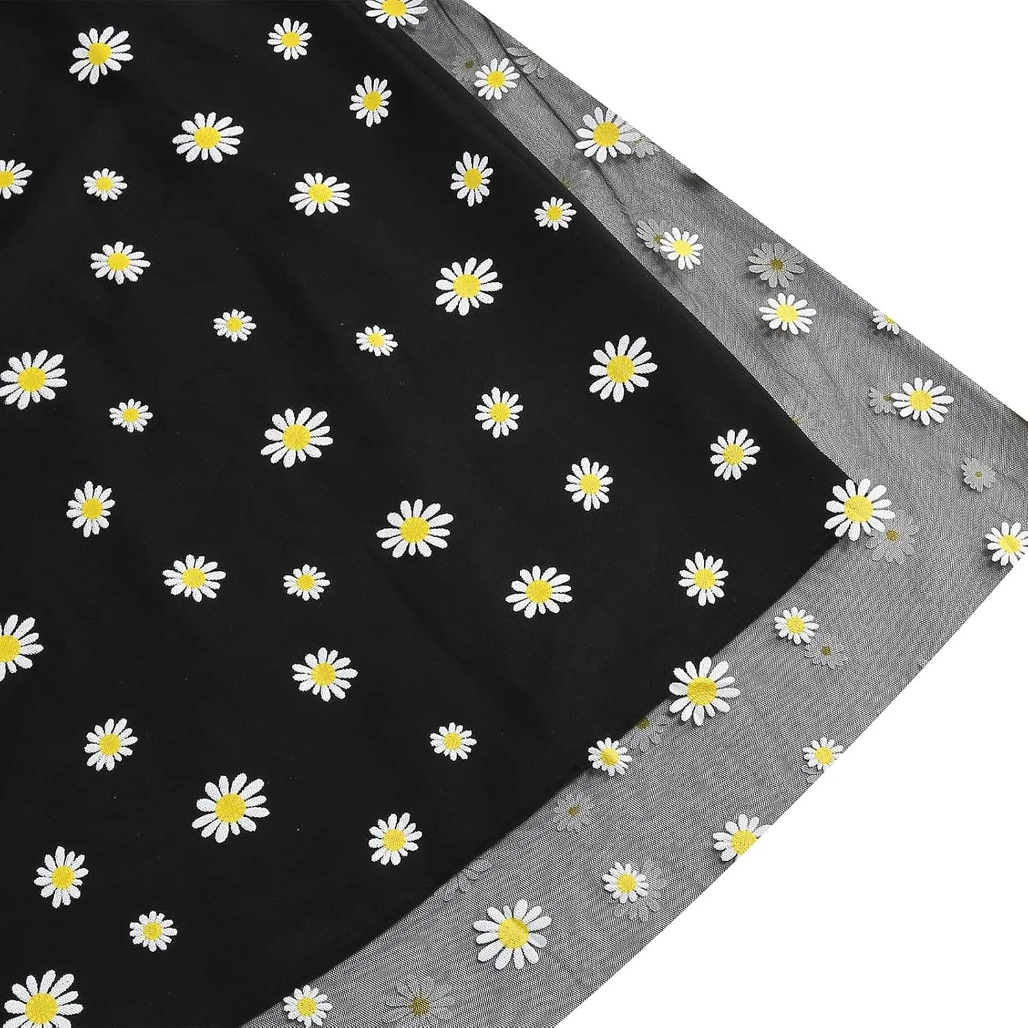 Women Daisy Embroidered Tulle Skirts Floral Mesh Casual Elastic High Waist Long Skirts Flower Swing A Line Skirt