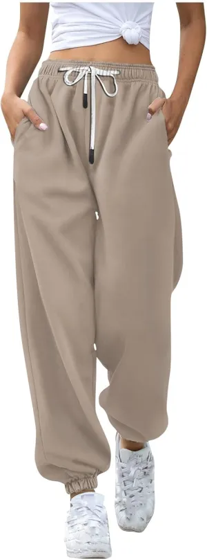 Women Drawstring Sweatpants Elastic Waist Trousers Solid Workout Drawstring High Waisted Pant Joggers with Pockets