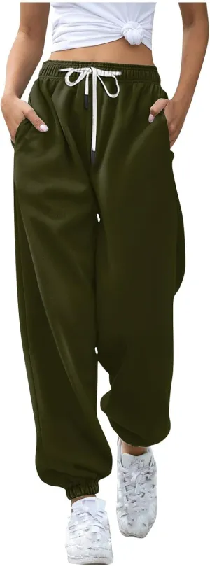 Women Drawstring Sweatpants Elastic Waist Trousers Solid Workout Drawstring High Waisted Pant Joggers with Pockets