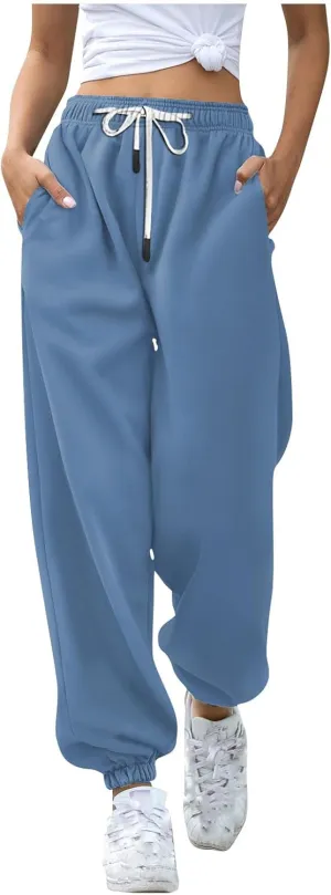 Women Drawstring Sweatpants Elastic Waist Trousers Solid Workout Drawstring High Waisted Pant Joggers with Pockets