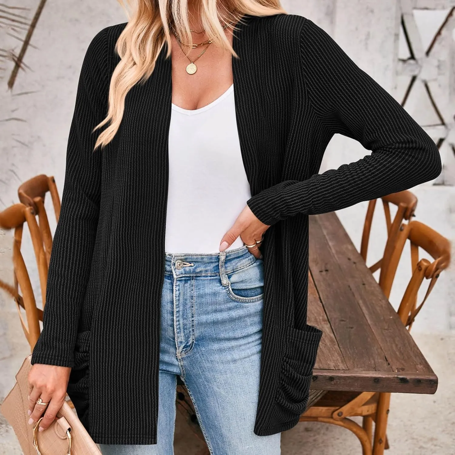 Women Fall Solid Color Open Front Cardigan Lightweight Long Sleeve Pure Color Womens Lightweight Cardigans for Womens Coat