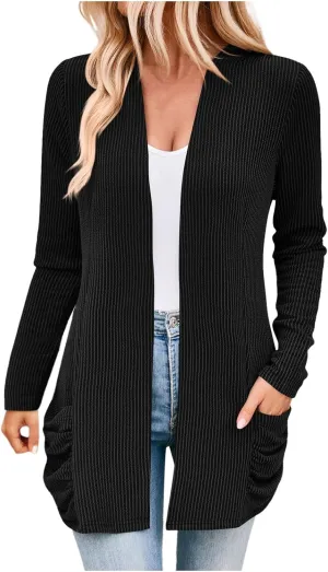 Women Fall Solid Color Open Front Cardigan Lightweight Long Sleeve Pure Color Womens Lightweight Cardigans for Womens Coat
