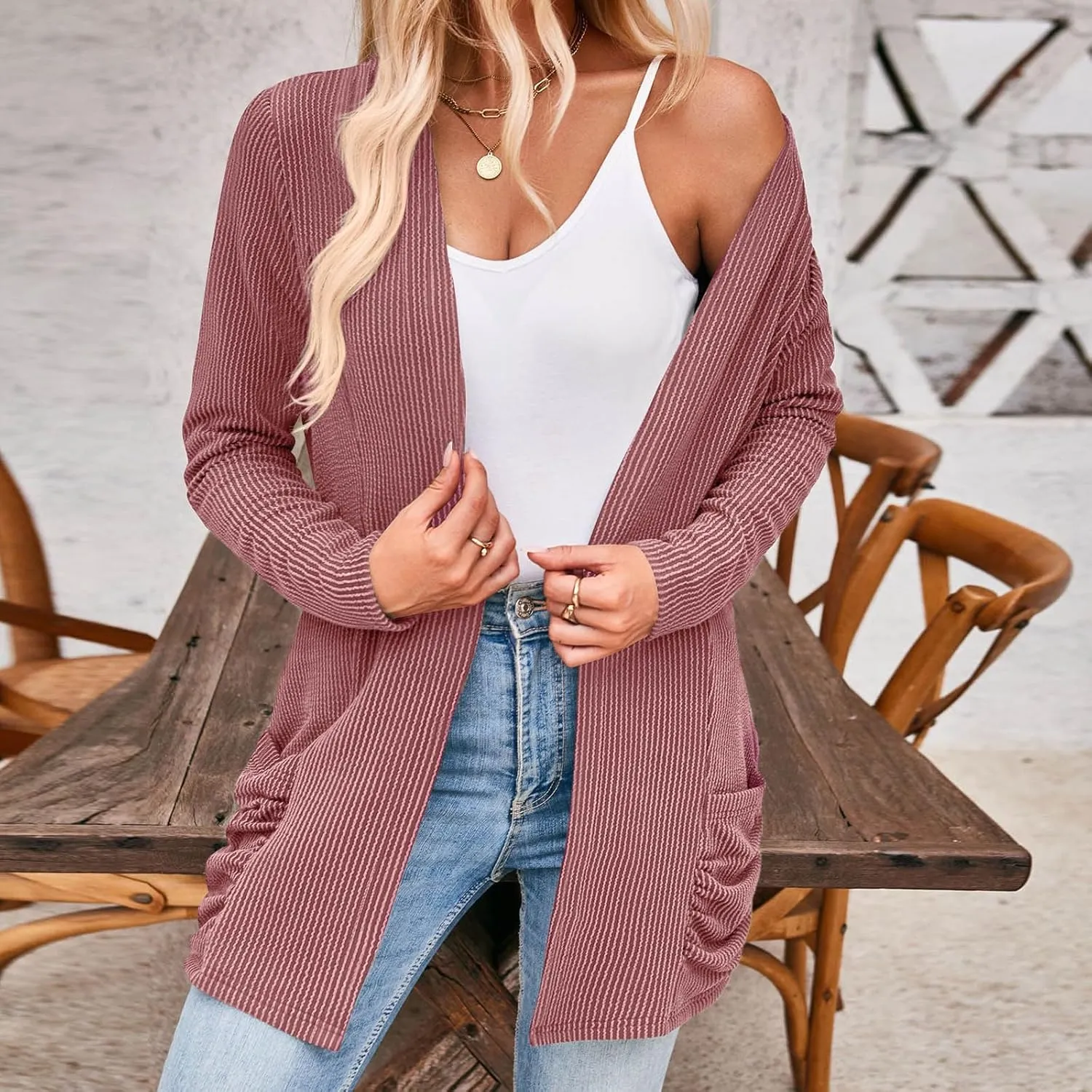 Women Fall Solid Color Open Front Cardigan Lightweight Long Sleeve Pure Color Womens Lightweight Cardigans for Womens Coat