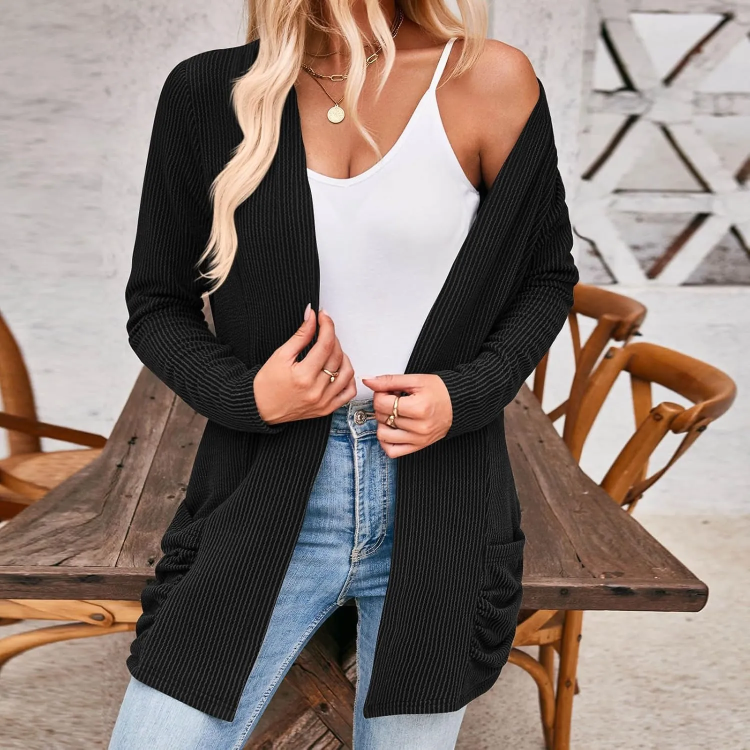 Women Fall Solid Color Open Front Cardigan Lightweight Long Sleeve Pure Color Womens Lightweight Cardigans for Womens Coat