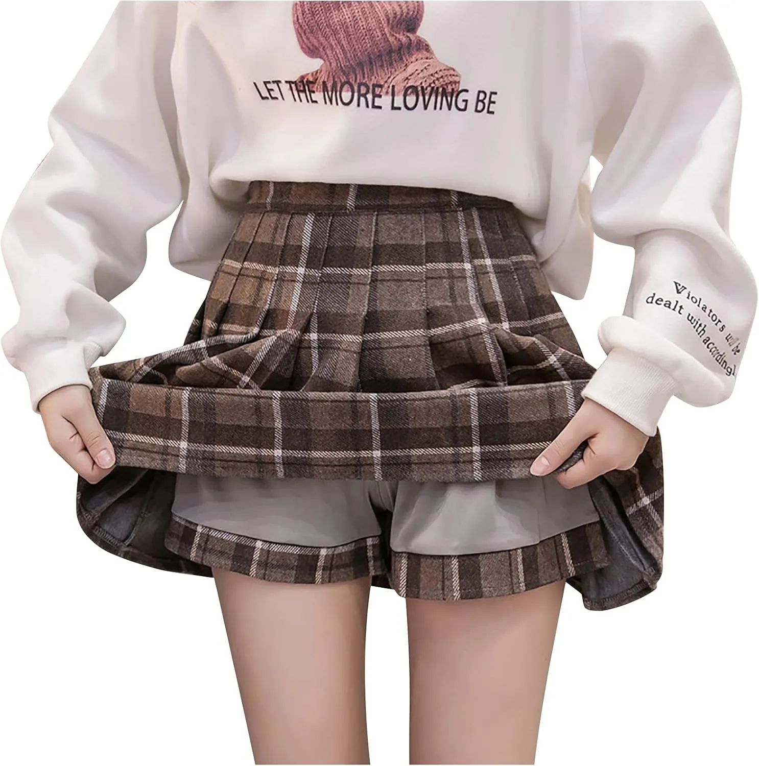 Women Girls Skirt A Line Furry Pleated Woolen Mini Skirt Plaid Pleated High Waist School Uniform A Line Pleated Skirt