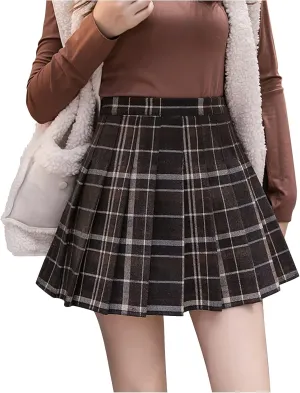 Women Girls Skirt A Line Furry Pleated Woolen Mini Skirt Plaid Pleated High Waist School Uniform A Line Pleated Skirt