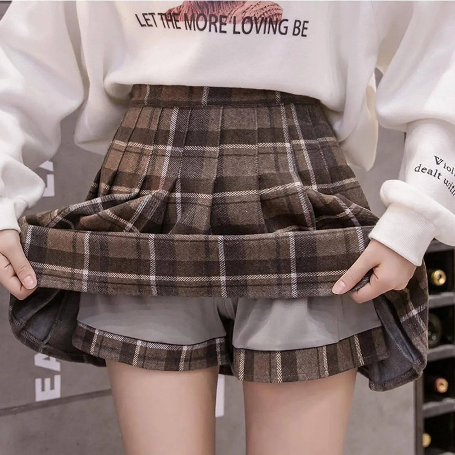 Women Girls Skirt A Line Furry Pleated Woolen Mini Skirt Plaid Pleated High Waist School Uniform A Line Pleated Skirt
