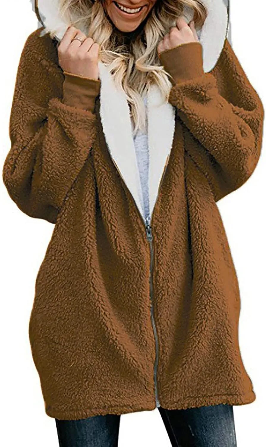 Women Girls Winter Sherpa Hooded Jackets Zip up Hoodie Quilted Lightweight Wool Blend Fleece Trench Coats Outerwear