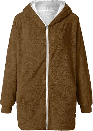 Women Girls Winter Sherpa Hooded Jackets Zip up Hoodie Quilted Lightweight Wool Blend Fleece Trench Coats Outerwear