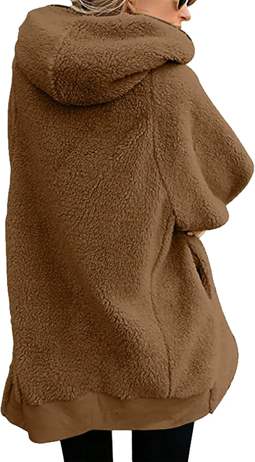 Women Girls Winter Sherpa Hooded Jackets Zip up Hoodie Quilted Lightweight Wool Blend Fleece Trench Coats Outerwear
