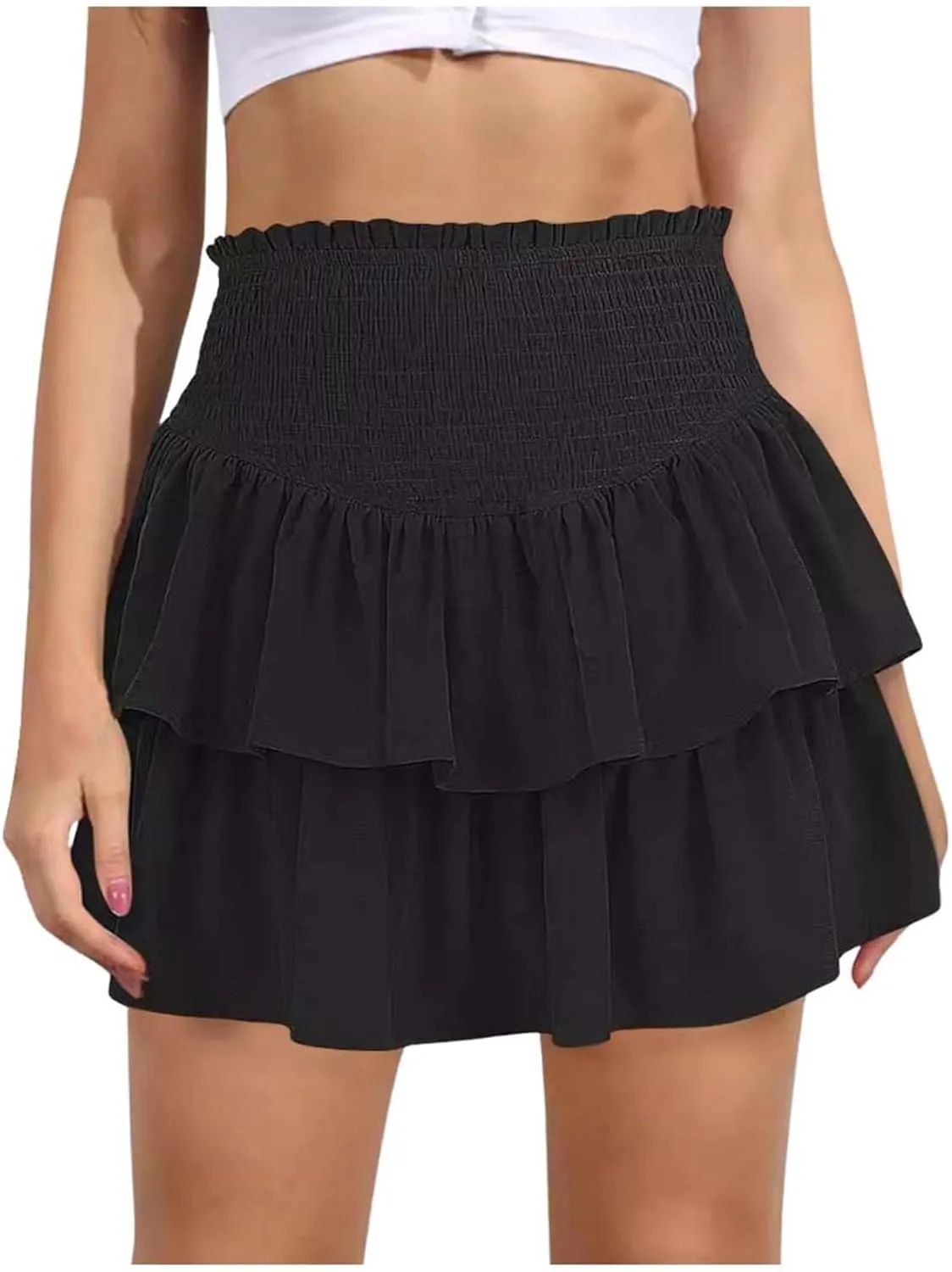 Women High Elastic Waist Pleated Mini Skirt Casual Asymmetric Ruffle Tiered Skorts Basic Stretchy Flared Inner Shorts Skirts