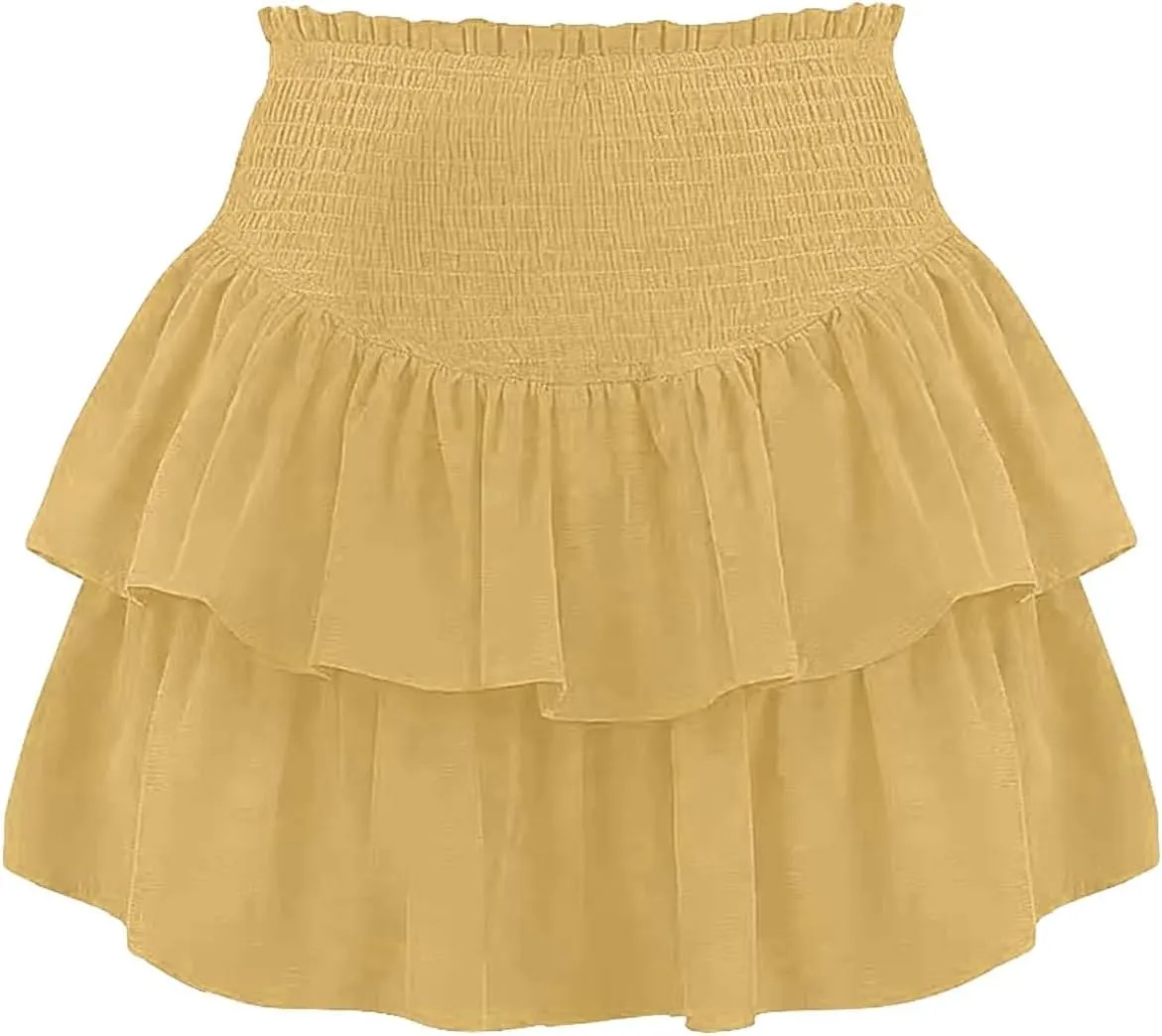 Women High Elastic Waist Pleated Mini Skirt Casual Asymmetric Ruffle Tiered Skorts Basic Stretchy Flared Inner Shorts Skirts