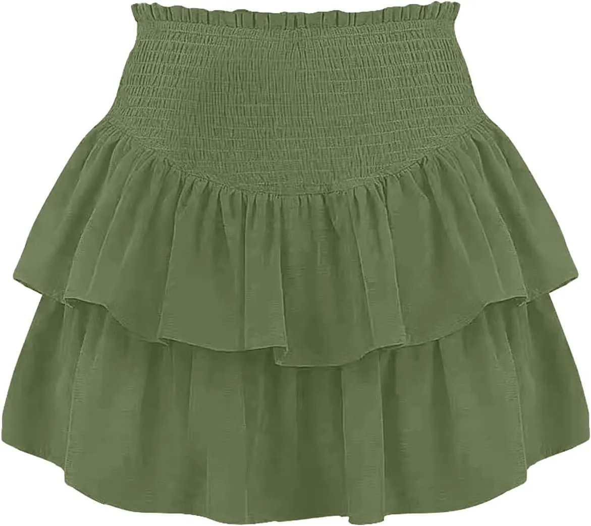 Women High Elastic Waist Pleated Mini Skirt Casual Asymmetric Ruffle Tiered Skorts Basic Stretchy Flared Inner Shorts Skirts