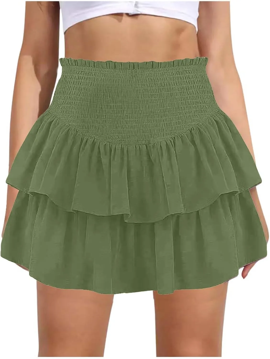 Women High Elastic Waist Pleated Mini Skirt Casual Asymmetric Ruffle Tiered Skorts Basic Stretchy Flared Inner Shorts Skirts